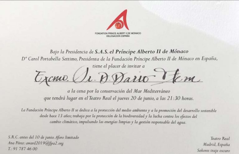 Invitation by The Prince Albert II Of Monaco Foundation to a dinner for the conservation of the Mediterranean Sea