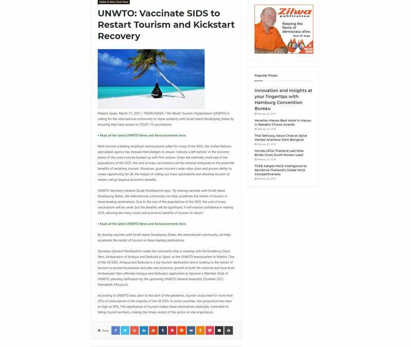 UNWTO: Vaccinate SIDS to Restart Tourism and Kickstart Recovery