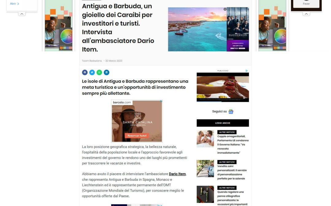 Antigua e Barbuda, un gioiello dei Caraibi per investitori e turisti. Intervista all’ambasciatore Dario Item.